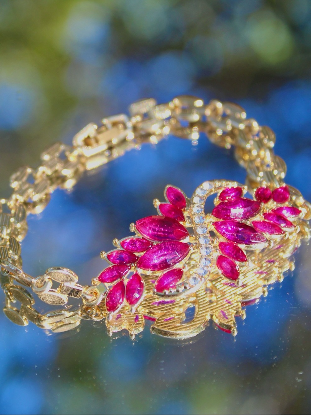 Vintage Style Fuchsia Marquise Crystal Gold-Tone Statement Bracelet